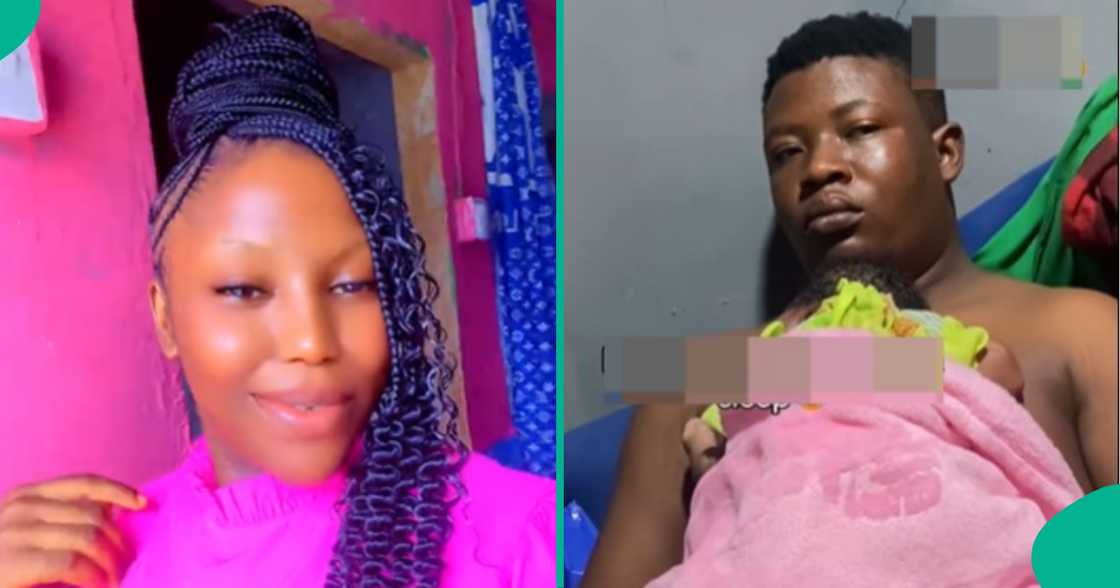 A woman teases her husband as he looked tired after staying up with baby all night A woman teases her husband as he looked tired after staying up with baby all night