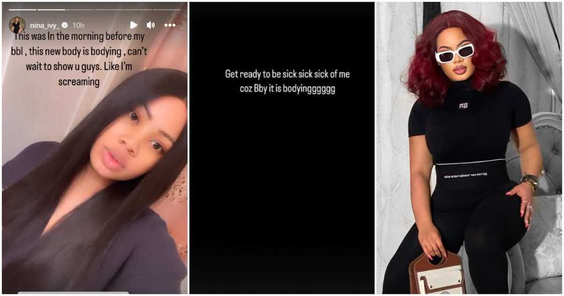 BBNaija star Nina does BBL surgery, thanks God in video. BBNaija star Nina does BBL surgery, thanks God in video.