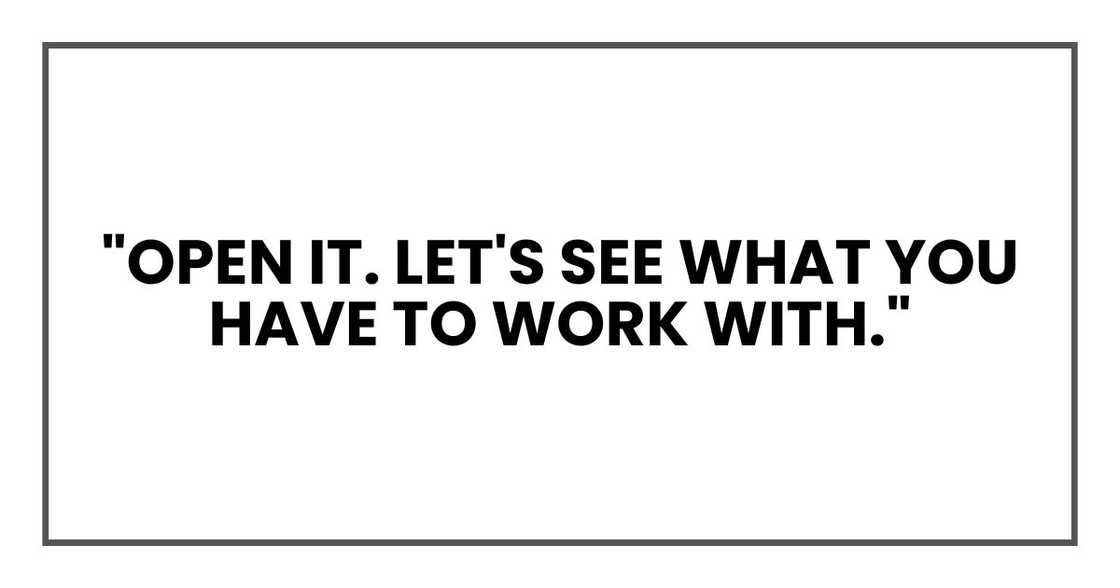 "Open it. Let's see what you have to work with." "Open it. Let's see what you have to work with."