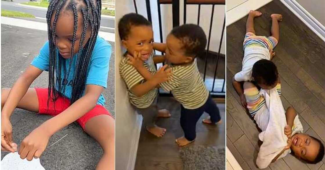 Little girl complains about twin brothers, gabbage bin, throw them away Little girl complains about twin brothers, gabbage bin, throw them away