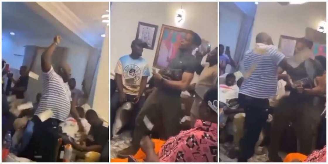Screenshots of two men throwing money at each other. Screenshots of two men throwing money at each other.