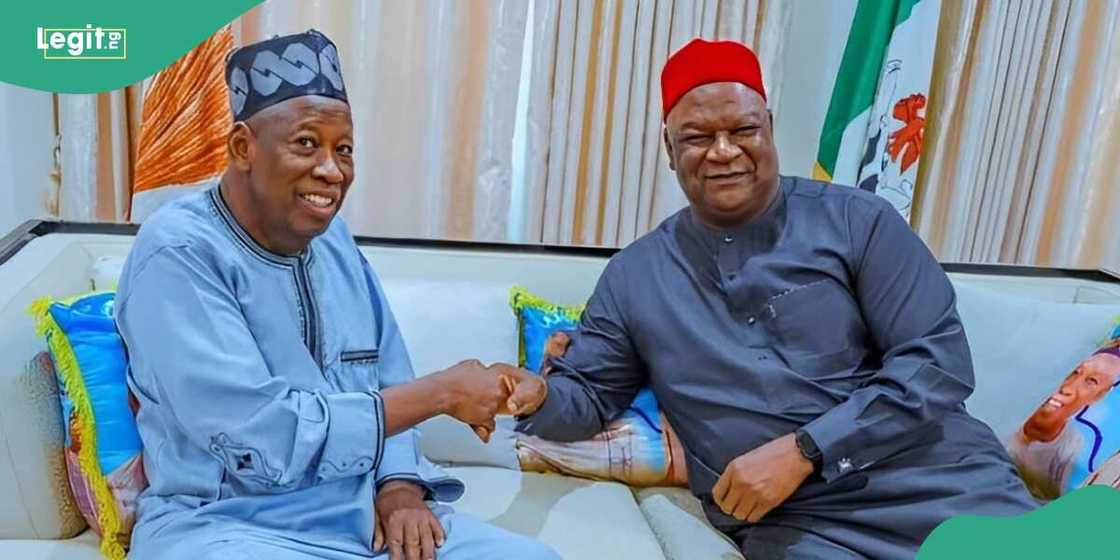 Ex-senate president, Anyim shaking hands with APC chairman, Ganduje Ex-senate president, Anyim shaking hands with APC chairman, Ganduje