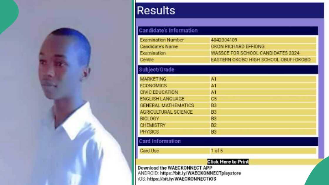 WAEC result of a boy who passed very well.