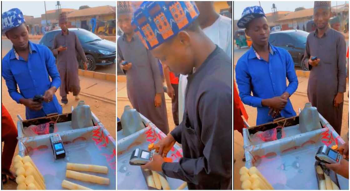 Photos of a sugarcane seller using a POS. Photos of a sugarcane seller using a POS.