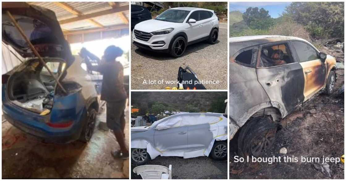 Car refurbishing, man refurbishes burnt jeep, man converts burnt jeep, white car, car conversion Car refurbishing, man refurbishes burnt jeep, man converts burnt jeep, white car, car conversion