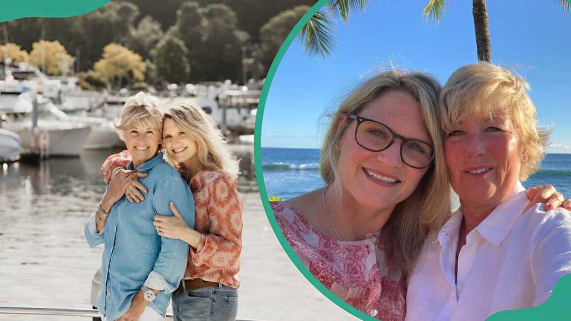 Amanda Bearse and her wife Carrie Schenken posing while on a yacht (L). Carrie Schenken posing with her hand on Amanda Bearse's shoulder (R) Amanda Bearse and her wife Carrie Schenken posing while on a yacht (L). Carrie Schenken posing with her hand on Amanda Bearse's shoulder (R)