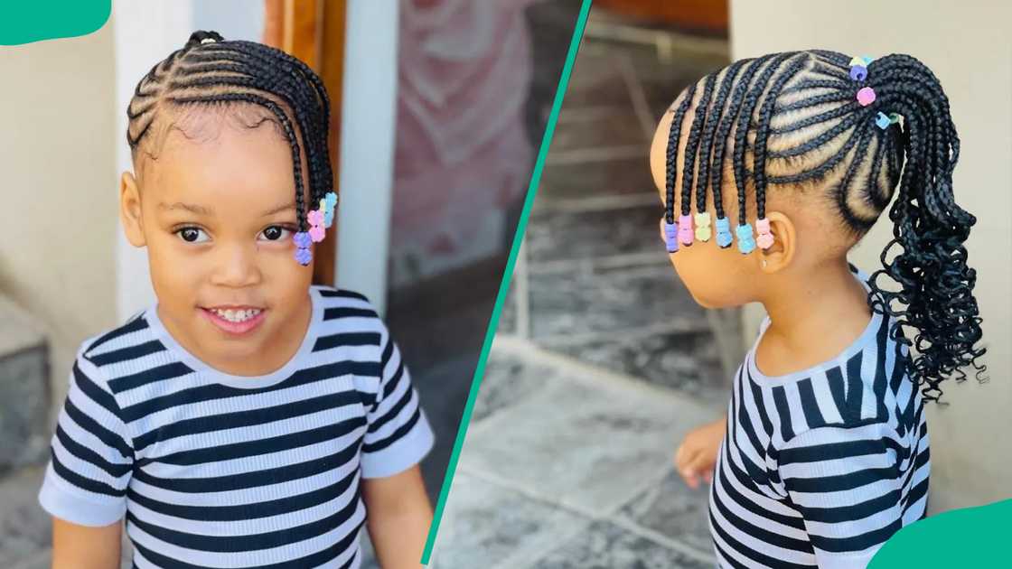 A girl wearing Cornrows with a curly ponytail A girl wearing Cornrows with a curly ponytail