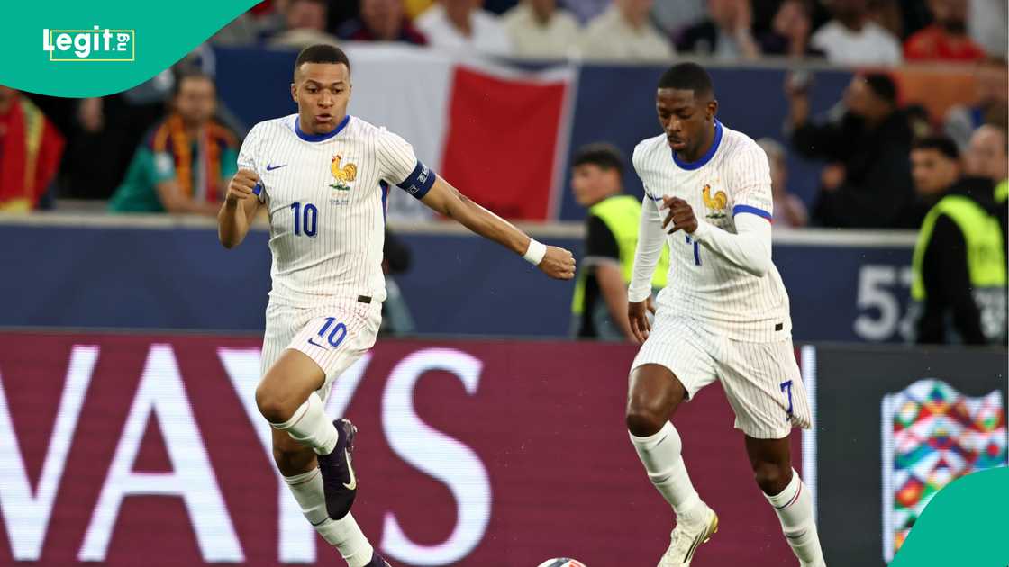 Kylian Mbappe, Ousmane Dembele, France, Spain, Stuttgart Arena, Stuttgart, Germany, UEFA Nations League. Kylian Mbappe, Ousmane Dembele, France, Spain, Stuttgart Arena, Stuttgart, Germany, UEFA Nations League.
