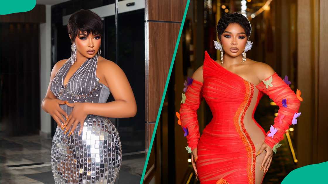 Actress Liquorose wearing dresses and pixie haircuts