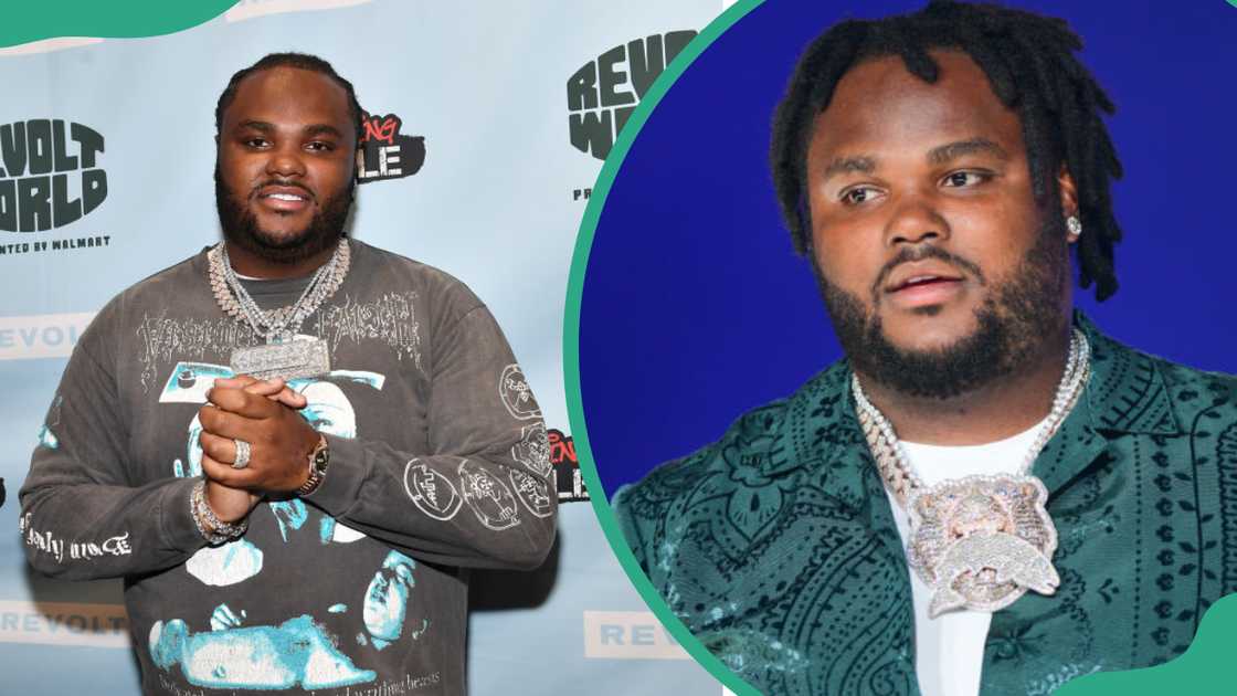 Tee Grizzley at Pangaea Studios in Atlanta, Georgia (L). Tee Grizzley at State Farm Arena in Atlanta, Georgia (R).