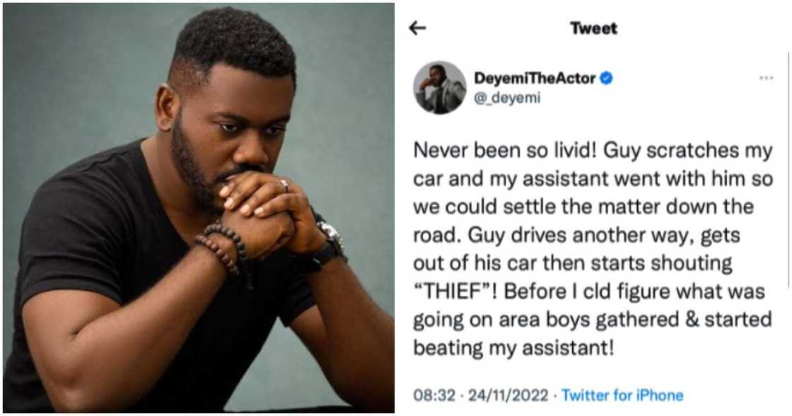 Actor Deyemi Okanlawon's PA nearly lynched after man raised false thief alarm. Actor Deyemi Okanlawon's PA nearly lynched after man raised false thief alarm.