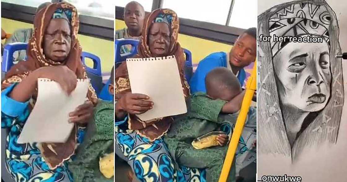Artist makes portrait of bus passenger, woman shocked Artist makes portrait of bus passenger, woman shocked