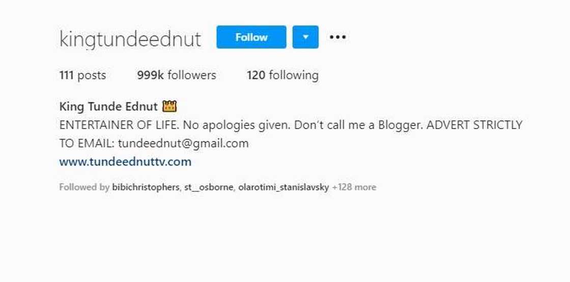 Tunde Ednut loses 1k followers as he once again returns to Instagram