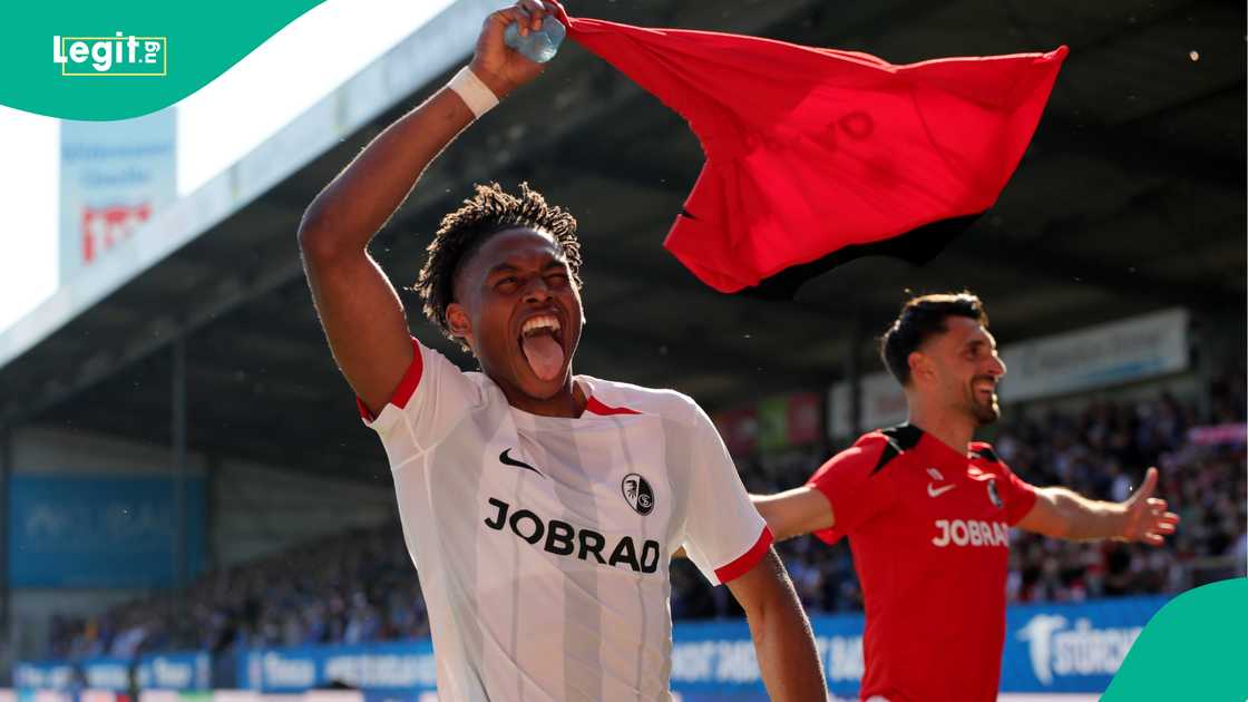 Junior Adamu, Holstein Kiel, SC Freiburg, Holstein Stadium, Bundesliga, Germany. Junior Adamu, Holstein Kiel, SC Freiburg, Holstein Stadium, Bundesliga, Germany.