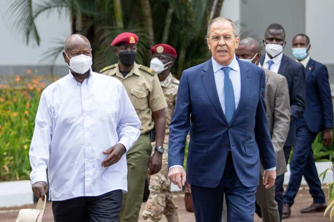 Ugandan President Yoweri Museveni (left) held talks with visiting  Russian Foreign Minister Sergei Lavrov Ugandan President Yoweri Museveni (left) held talks with visiting  Russian Foreign Minister Sergei Lavrov