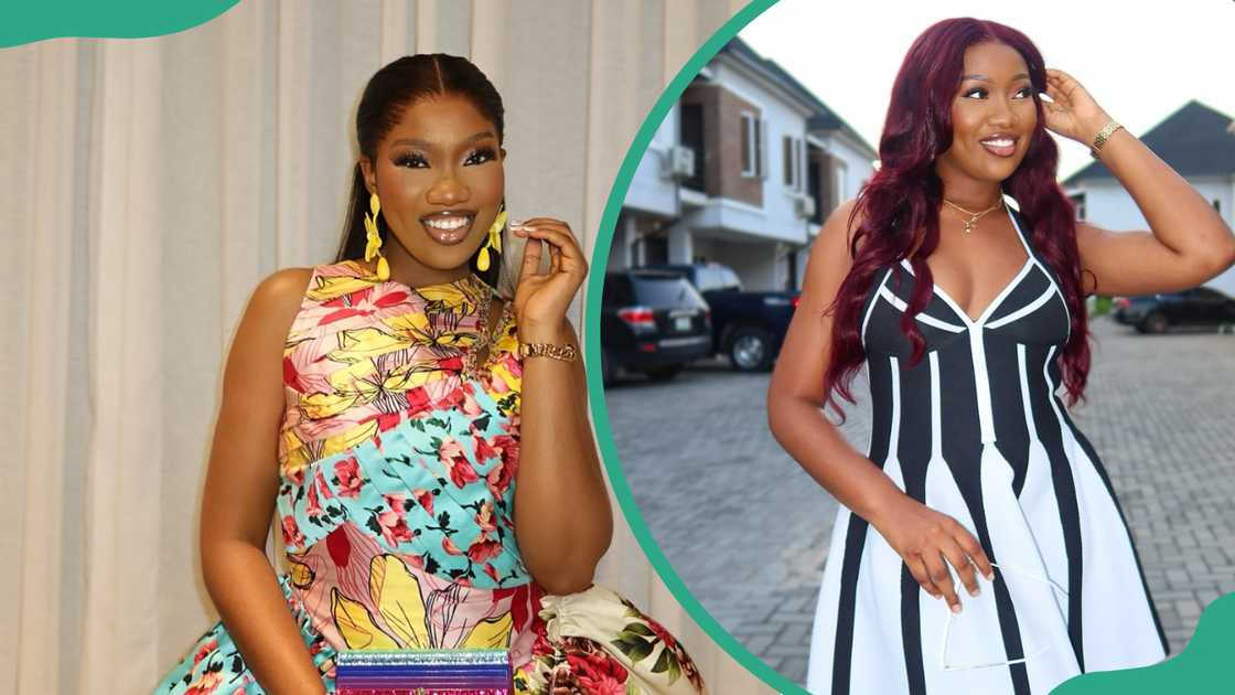 Chinenye Nnebe poses in a floral dress, and she smiles in a black and white dress