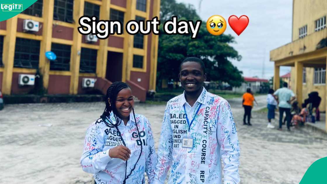 A university couple celebrate as they graduate from same department