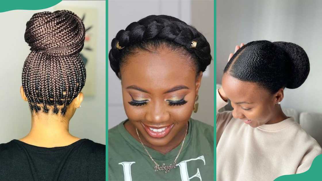 Braided bun (L), Halo braid (C), and sleek low bun (R) Braided bun (L), Halo braid (C), and sleek low bun (R)