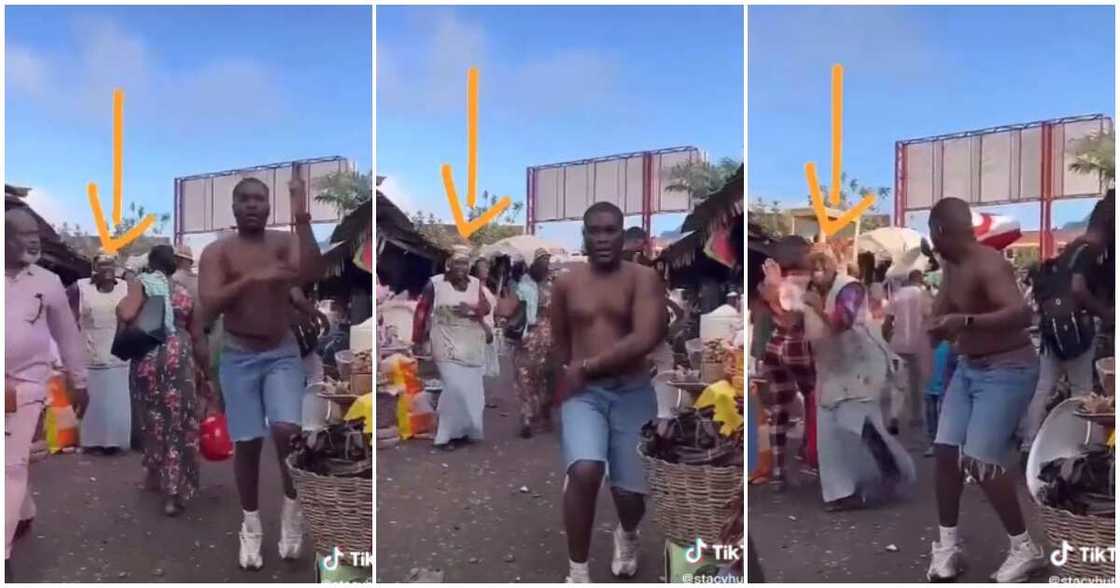 Market woman does the Soweto TikTok dance, market woman dances with man, Soweto dance challenge videos, Soweto song by Victony and Tempoe