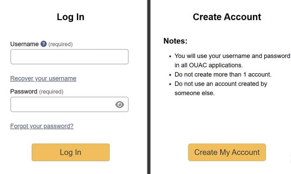 A screenshot of the OUAC application portal