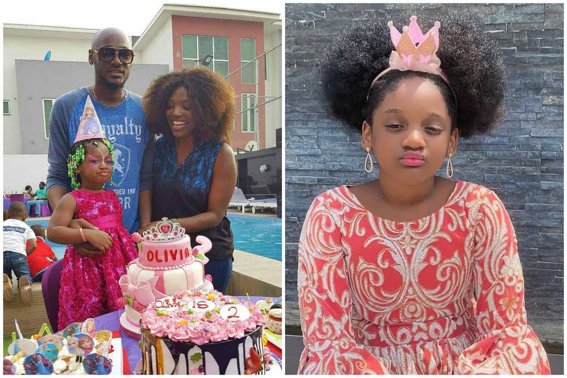 Olivia Idibia and her parents celebrate her second birthday (L). 2Baba's youngest child looks on as she sits in front of a grey wall (R) Olivia Idibia and her parents celebrate her second birthday (L). 2Baba's youngest child looks on as she sits in front of a grey wall (R)