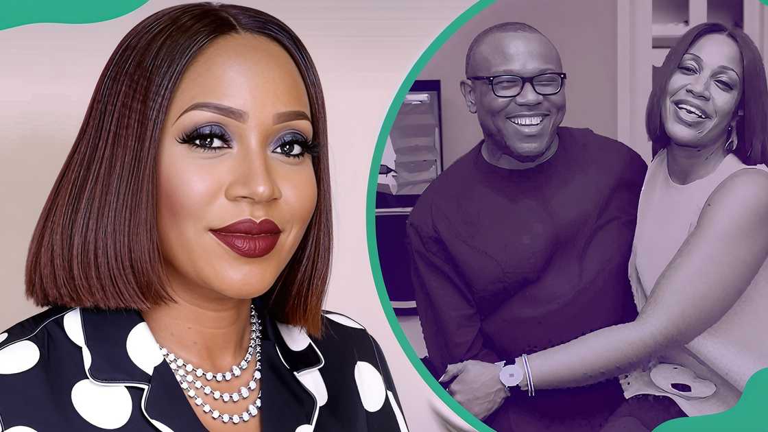 Margaret Brownson Usen posing confidently in a patterned outfit and posing together with her husband Margaret Brownson Usen posing confidently in a patterned outfit and posing together with her husband