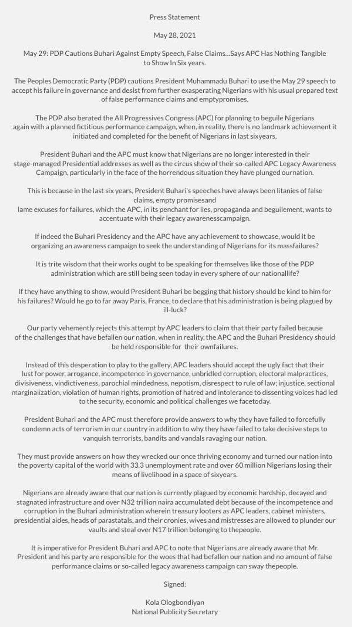 Cikar Buhari Shekara 6 a Mulki: Kawai Ka Amsa Cewa Ka Gaza, PDP Ta Roki Buhari Cikar Buhari Shekara 6 a Mulki: Kawai Ka Amsa Cewa Ka Gaza, PDP Ta Roki Buhari