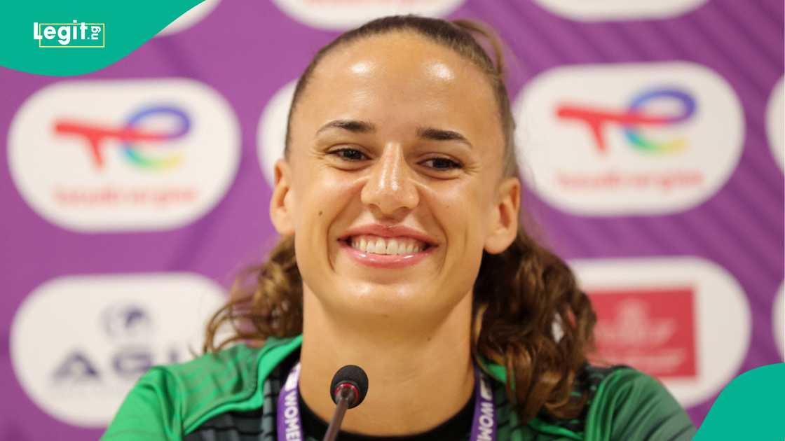 Asleigh Plumptre at a press conference during WAFCON 2026. Photo by NFF