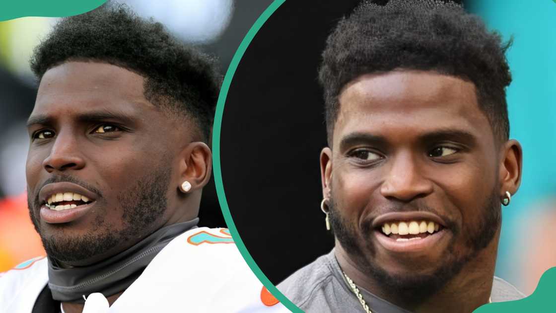 Tyreek Hill at MetLife Stadium (L). The NFL player at Hard Rock Stadium (R). Tyreek Hill at MetLife Stadium (L). The NFL player at Hard Rock Stadium (R).