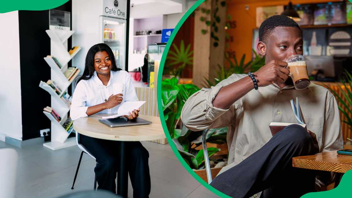 A happy woman reading from her house and a man reading a book as he enjoys a cup of coffee A happy woman reading from her house and a man reading a book as he enjoys a cup of coffee