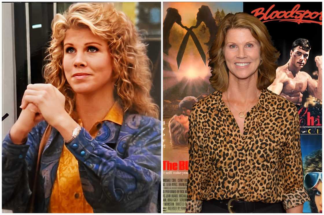Leah Ayres shows her appreciation during an event in the 1980s (L). The actress smiles as she poses for a photo in front of film posters (R) Leah Ayres shows her appreciation during an event in the 1980s (L). The actress smiles as she poses for a photo in front of film posters (R)