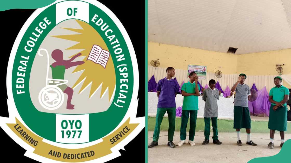 Federal College of Education (Special), Oyo logo. Students presenting during an event.