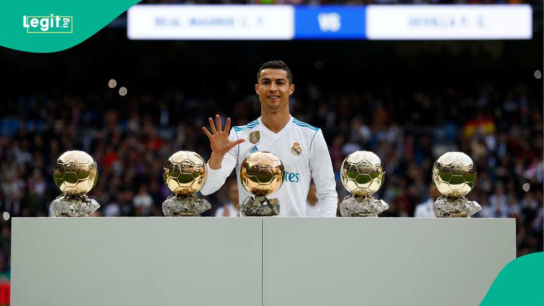 Cristiano Ronaldo of Real Madrid poses with his five Ballon d'Or trophies prior to start the La Liga match at the Santiago Bernabeu. Photo by Gonzalo Moreno Cristiano Ronaldo of Real Madrid poses with his five Ballon d'Or trophies prior to start the La Liga match at the Santiago Bernabeu. Photo by Gonzalo Moreno