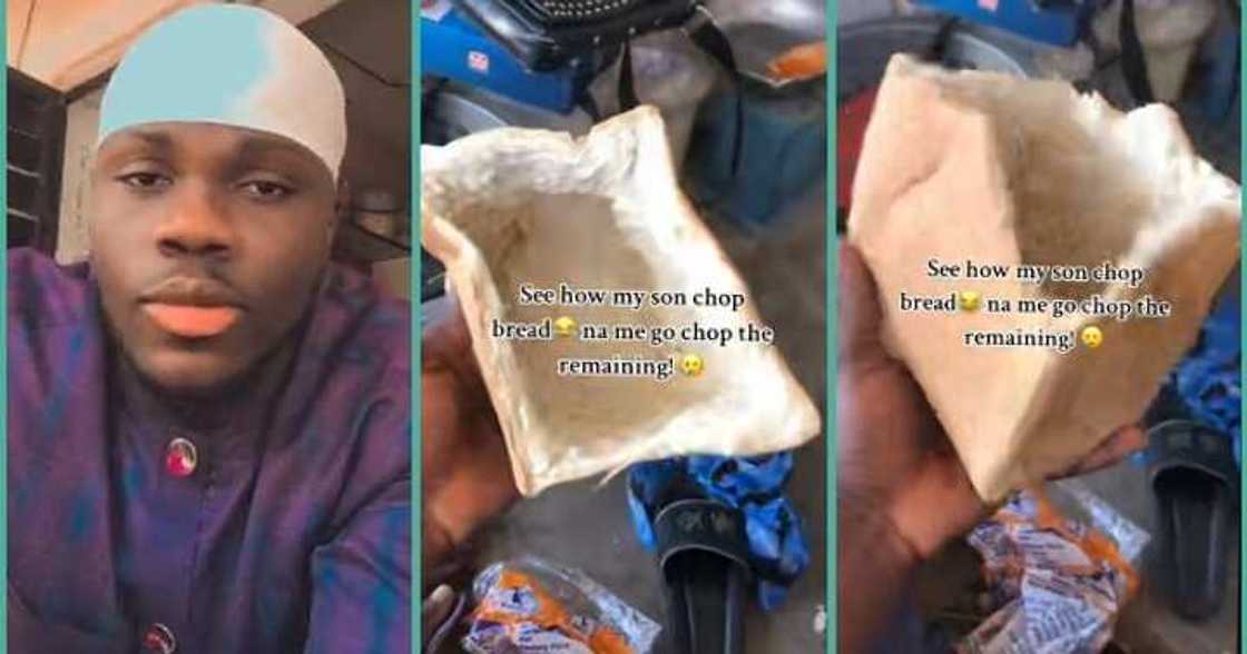 Little boy digs hole in bread, eats only inner part Little boy digs hole in bread, eats only inner part