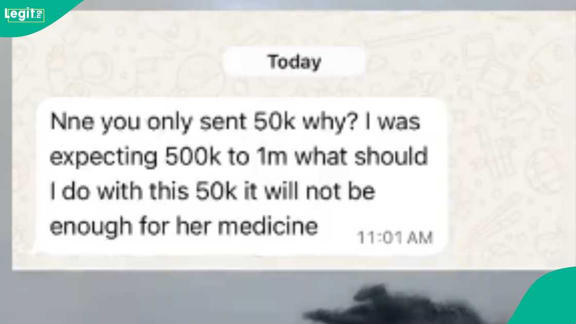 A lady in Egypt lamented her brother's response after giving him N50k.