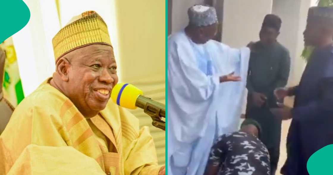 Police office seen in trending video tying the shoelaces of APC national chairman, Abdullahi Ganduje. Police office seen in trending video tying the shoelaces of APC national chairman, Abdullahi Ganduje.