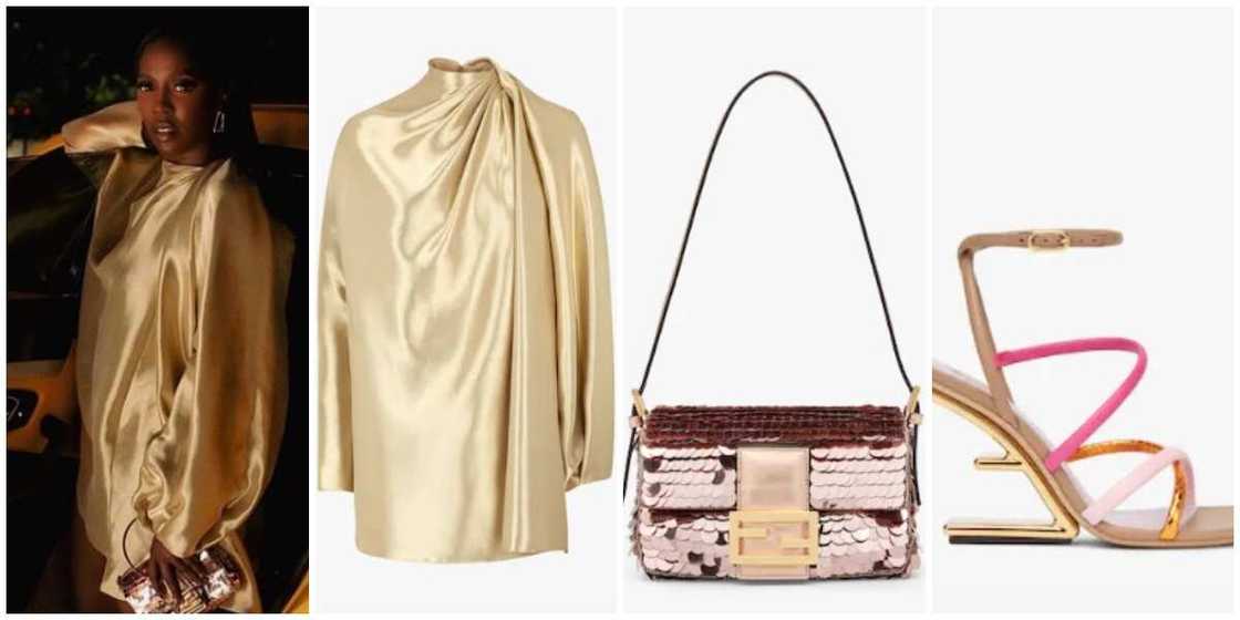 Photos of singer Tiwa Savage and the Fendi items. Photos of singer Tiwa Savage and the Fendi items.