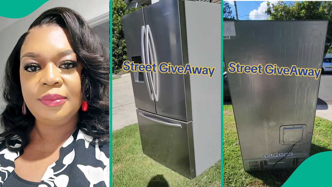 Woman shows nice fridge that someone wants to give out. Woman shows nice fridge that someone wants to give out.