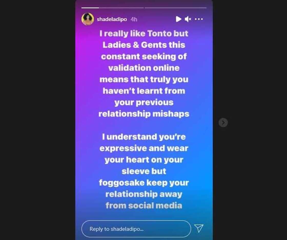 Your Opinion Is Not Needed: Tonto Dikeh Slams Shade Ladipo for Telling Her to Keep Her Relationship a Secret Your Opinion Is Not Needed: Tonto Dikeh Slams Shade Ladipo for Telling Her to Keep Her Relationship a Secret