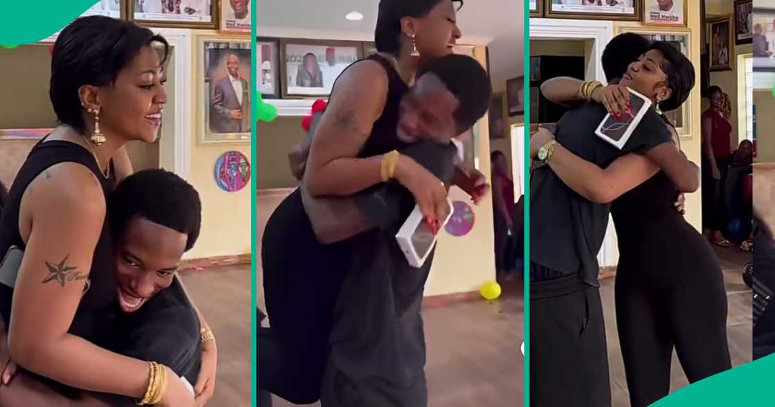 Actress Regina Daniels surprises her stepson Amir with a new iPhone after he sold the old one. Actress Regina Daniels surprises her stepson Amir with a new iPhone after he sold the old one.