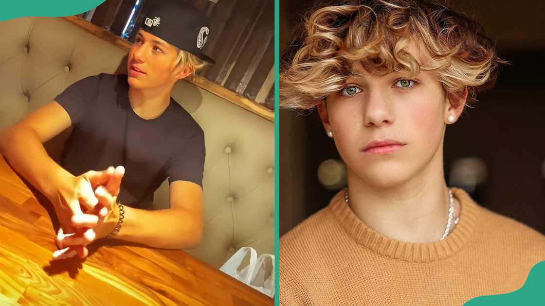 Walker Bryant sits at a table in a restaurant (L). The social media influencer looks on in a close-up photo (R) Walker Bryant sits at a table in a restaurant (L). The social media influencer looks on in a close-up photo (R)