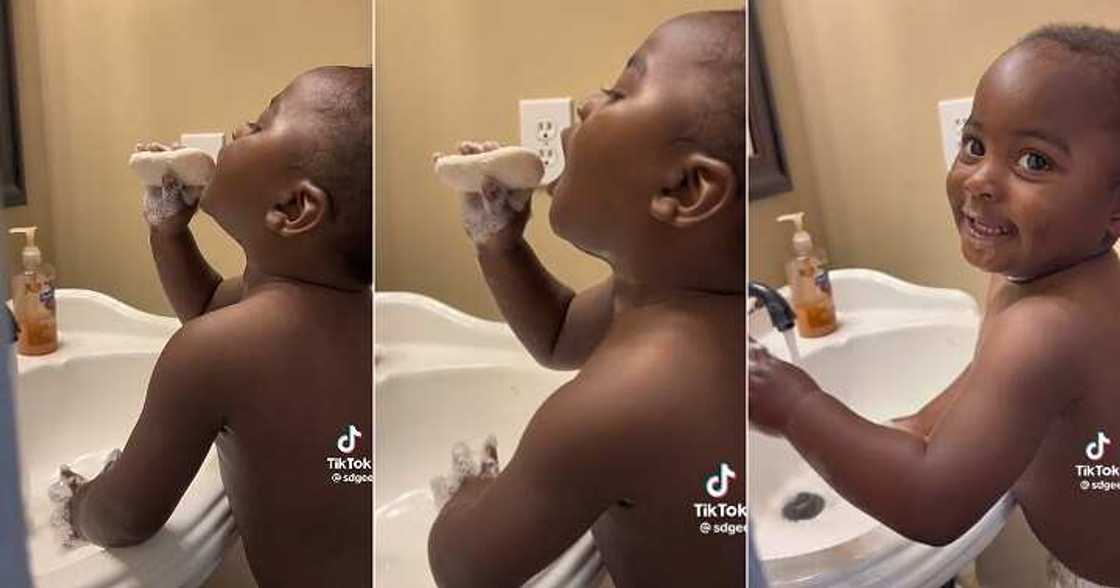Toddler sings in bathroom, microphone Toddler sings in bathroom, microphone