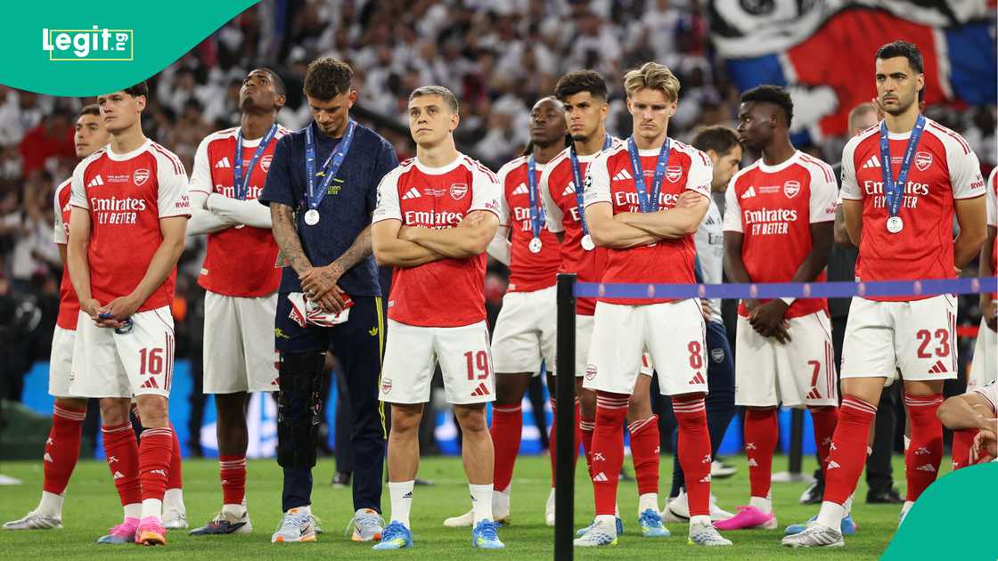 Arsenal players dejected after they receive their runners up medals. Photo by Michael Regan Arsenal players dejected after they receive their runners up medals. Photo by Michael Regan