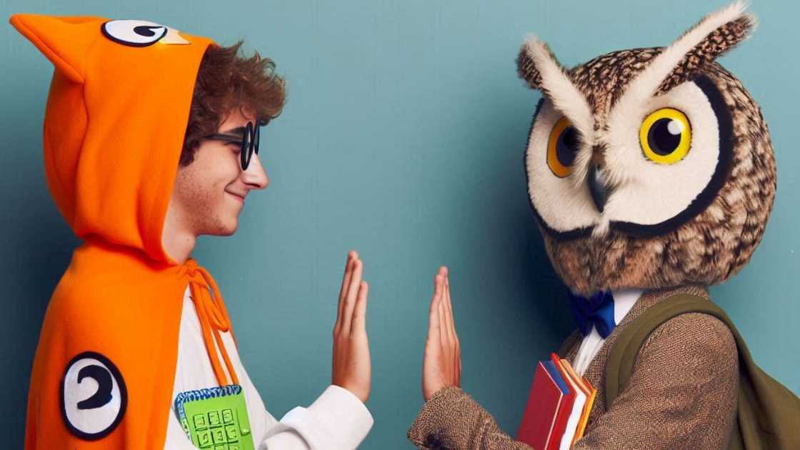 A Rhyme Without Reason image of a student in an Owl costume and the another in a Maths Whiz costume. A Rhyme Without Reason image of a student in an Owl costume and the another in a Maths Whiz costume.