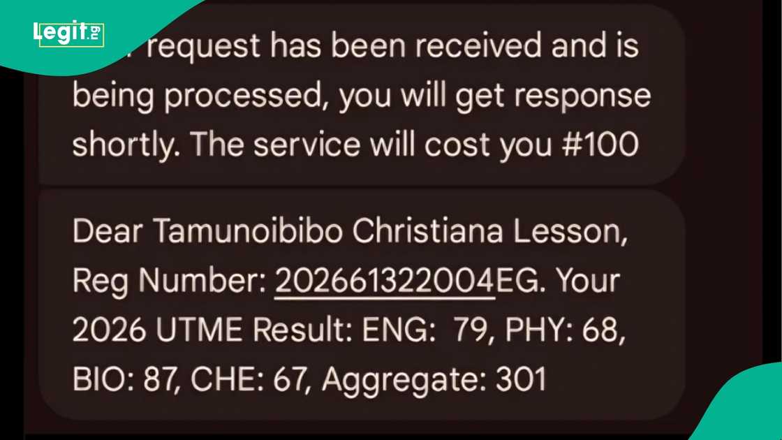 Lady reacts with joy after checking JAMB 2026 result, surprising herself with a 301 score despite expecting lower marks.