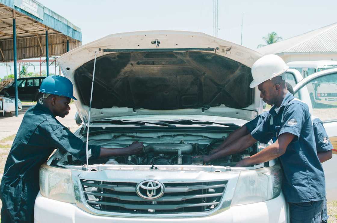 Two mechanics inspecting a vehicle engine with the hood open.