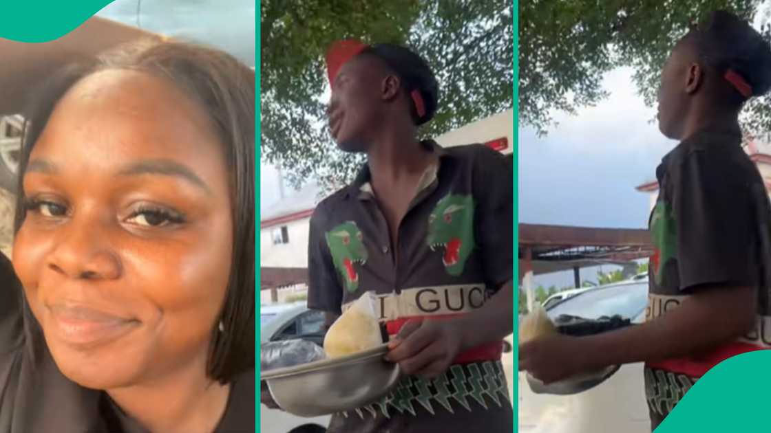 Lady enjoys food served her by her mechanic.