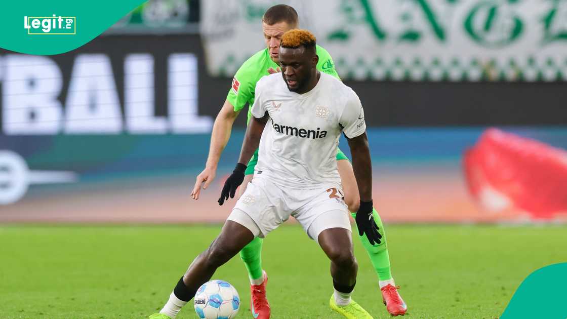 Victor Boniface in action for Bayer Leverkusen.