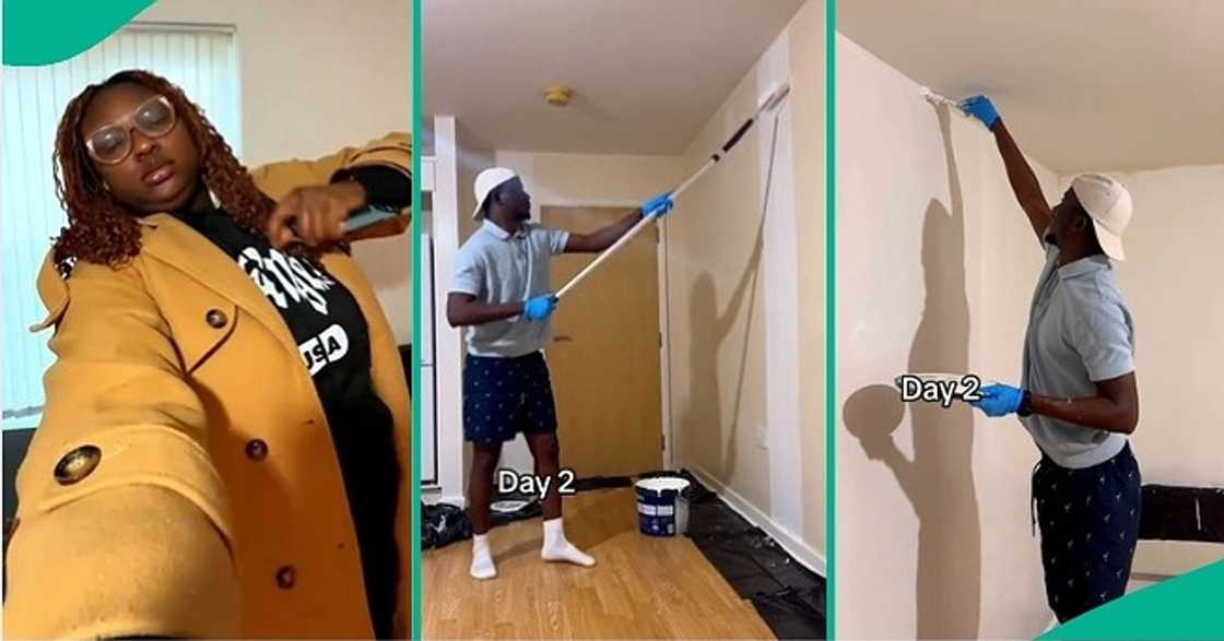 Lady shows herself and husband painting new apartment in UK