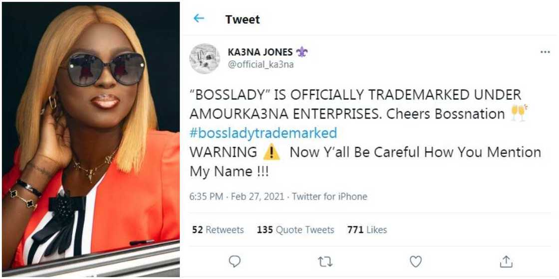 BBNaija 2020 star Ka3na trademarks ‘Boss Lady’, warns fans BBNaija 2020 star Ka3na trademarks ‘Boss Lady’, warns fans